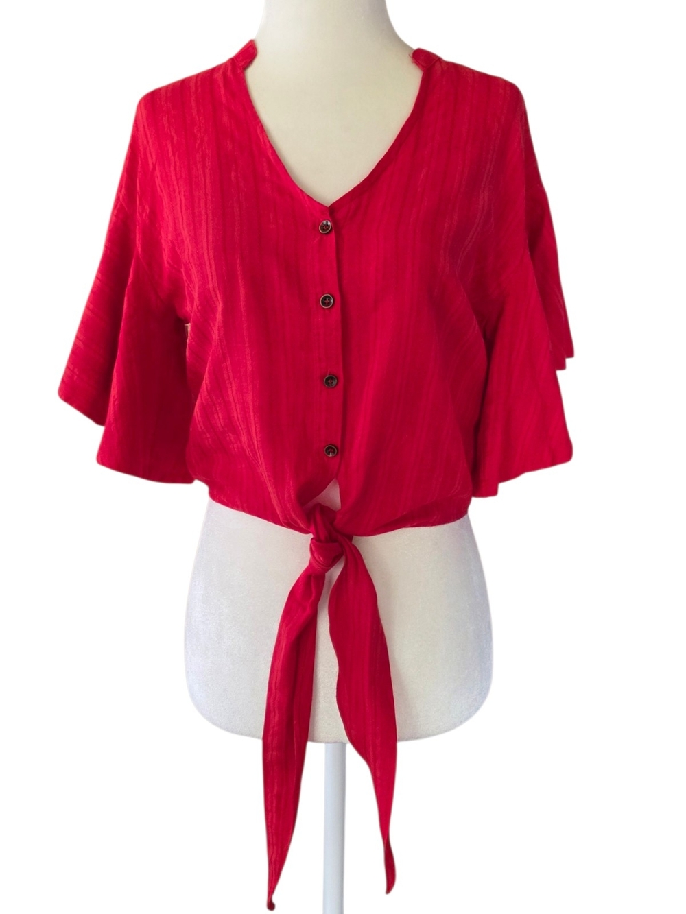 Very J Poppy Red Boho Tie-Front Crop Blouse